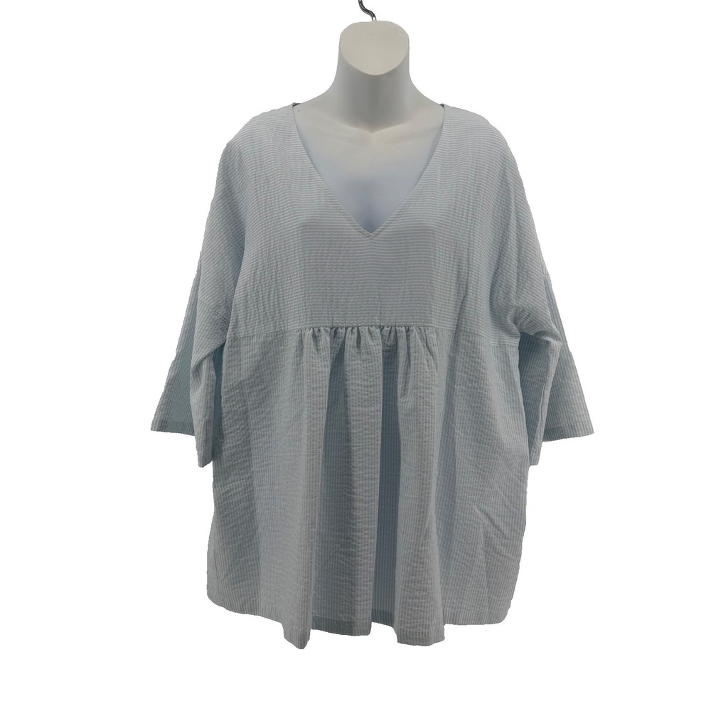 Marina Sport Seersucker Tunic Top Blue Stripe NWT US 12 Marina Rinaldi $195
